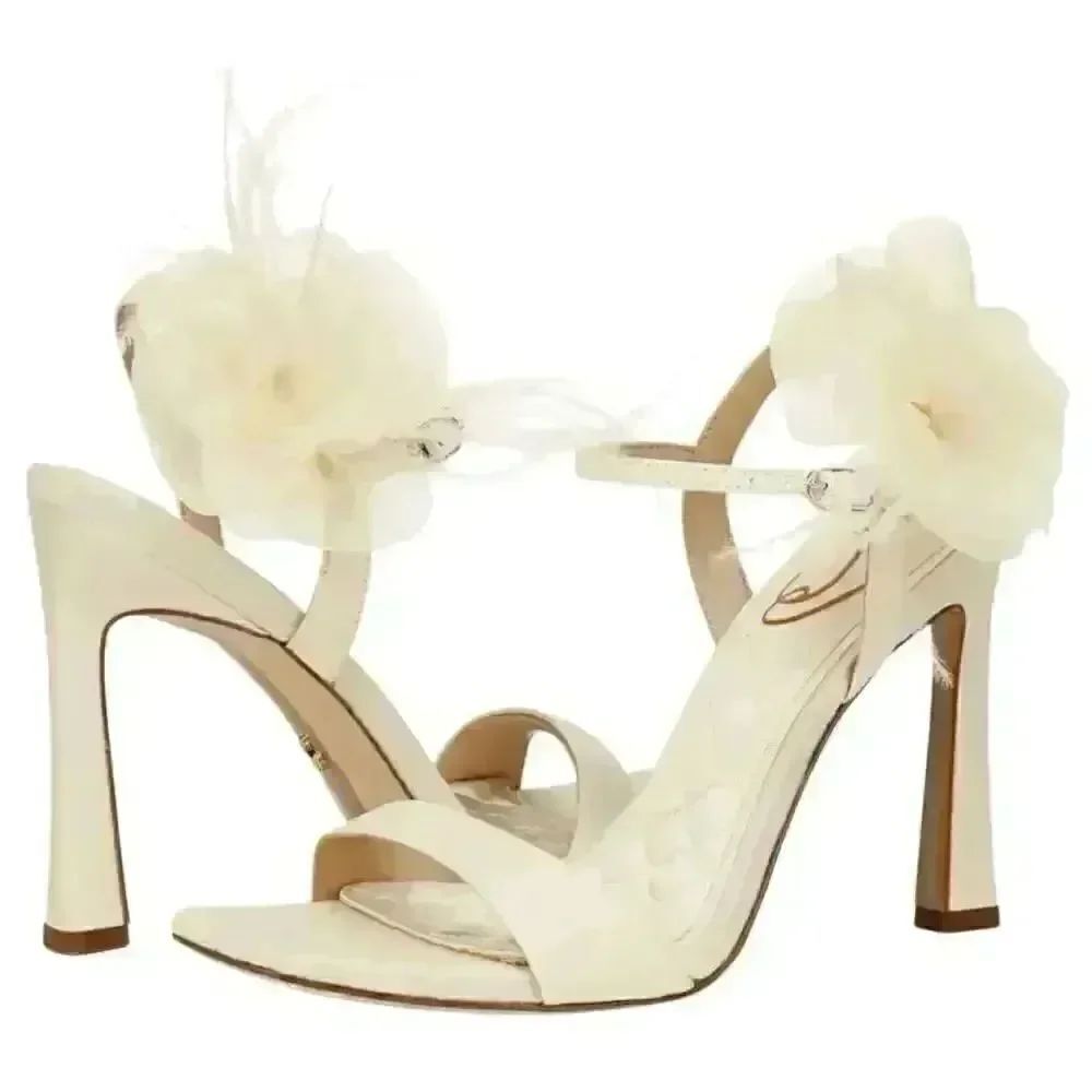 SAM EDELMAN 9Leana Ankle Strap Sandal Feathered Floral square toe Slip on Heels